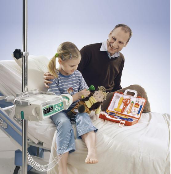 Vader en dochter in ziekenhuisbed met PCA-pomp
